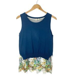 Moth Anthropologie Layered Navy Blue Knit Sweater with Floral Lace Tank  US S